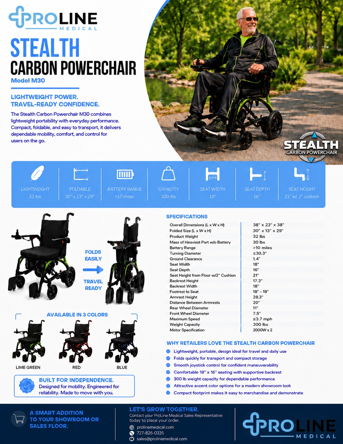A smiling man using the ProLine Stealth Carbon Powerchair outdoors